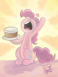 Size: 1920x2560 | Tagged: dead source, safe, artist:cainescroll, pinkie pie, earth pony, pony, g4, secret of my excess, angry, cake, female, i'm assulting him with cake, mare, solo