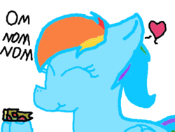 Size: 450x340 | Tagged: safe, artist:loppiepiepie, rainbow dash, g4, colored, cute, eating, female, food, heart, hooves, meat, nom, pepperoni, pepperoni pizza, pizza, solo