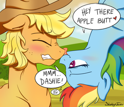 Size: 930x800 | Tagged: safe, artist:sketchyjackie, applejack, rainbow dash, earth pony, pegasus, pony, g4, applejack (male), bedroom eyes, blushing, duo, eyes closed, female, gritted teeth, half r63 shipping, heart, licking, male, mare, nose licking, nose wrinkle, rule 63, ship:appledash, ship:rainbowjack, shipping, smiling, stallion, straight, teasing, upside down