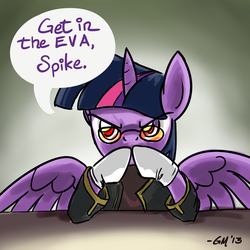 Size: 640x640 | Tagged: safe, artist:giantmosquito, twilight sparkle, alicorn, pony, g4, clothes, crossover, female, gendo ikari, gendo pose, glare, glasses, gloves, looking at you, mare, neon genesis evangelion, parody, solo, spread wings, twilight sparkle (alicorn)