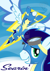 Size: 1024x1448 | Tagged: safe, artist:taharon, soarin', pegasus, pony, g4, clothes, flying, low angle, poster, smiling, uniform, watermark, wonderbolts uniform