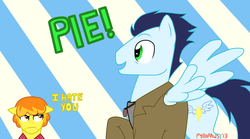 Size: 600x334 | Tagged: safe, artist:pyro-paws, soarin', spitfire, g4, annoyed, clothes, pie, that pony sure does love pies, wonderbolts