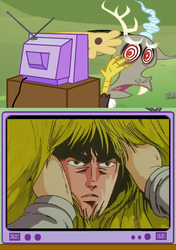 Size: 564x800 | Tagged: safe, discord, g4, exploitable meme, hokuto no ken, kenshiro, stare, tv meme