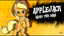 Size: 3840x2160 | Tagged: safe, artist:tivy, applejack, g4, character reveal, female, newcomer, parody, pun, raise this barn, raze this barn, rearing, solo, style emulation, super smash bros., super smash bros. 4, wallpaper