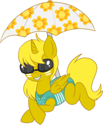 Size: 450x546 | Tagged: safe, artist:lulubell, oc, oc only, oc:ticket, alicorn, pony, alicorn oc, clothes, one-piece swimsuit, palindrome get, simple background, solo, sunglasses, swimsuit, transparent background, umbrella