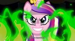 Size: 640x355 | Tagged: safe, screencap, princess cadance, queen chrysalis, g4, female, mlp-captions, solo, youtube caption