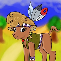 Size: 1000x1000 | Tagged: safe, artist:maple-syrope, little strongheart, bison, buffalo, g4, 30 minute art challenge, adoraheart, cute, feather, female, native american, solo