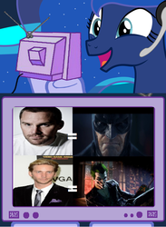 Size: 563x770 | Tagged: safe, princess luna, gamer luna, g4, batman, batman arkham origins, dc comics, exploitable meme, the joker, tv meme, voice actors