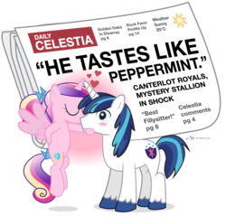 Size: 1140x1095 | Tagged: safe, artist:dm29, princess cadance, shining armor, g4, blushing, duo, heart, kissing, newspaper, simple background, tabloid, transparent background