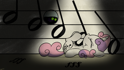 Size: 2560x1440 | Tagged: safe, artist:dtcx97, sweetie belle, post-crusade, g4, female, music notes, sheet music, solo, wallpaper