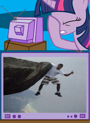 Size: 563x771 | Tagged: safe, twilight sparkle, human, g4, cliff, exploitable meme, facehoof, fail, meme, safety, stupidity, tv meme, yolo