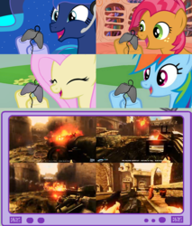 Size: 782x918 | Tagged: safe, screencap, babs seed, fluttershy, princess luna, rainbow dash, pegasus, pony, gamer luna, g4, exploitable meme, female, gamer babs, gamer meme, gamerdash, gamershy, mare, meme, rise of the triad, tv meme