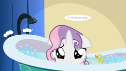 Size: 1280x720 | Tagged: safe, artist:jan, sweetie belle, pony, ask the crusaders, g4, ask, bath, bathtub, cute, diasweetes, female, rubber duck, solo, tumblr, wet mane