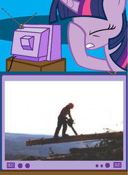 Size: 563x771 | Tagged: safe, twilight sparkle, human, g4, chainsaw, exploitable meme, facehoof, fail, log, meme, safety, tv meme