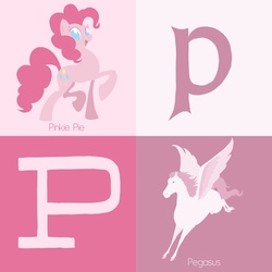 Size: 1024x1024 | Tagged: safe, artist:citron--vert, pinkie pie, horse, pegasus, pony, g4, alphabet, initials, open mouth, p, raised hoof, raised leg, smiling, spread wings, text