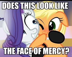 Size: 824x659 | Tagged: safe, artist:pyruvate, applejack, rarity, g4, bend over, blushing, female, image macro, imminent rape, lesbian, rapeface, ship:rarijack, shipping