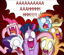 Size: 1057x897 | Tagged: safe, artist:doublewbrothers, applejack, fluttershy, pinkie pie, rainbow dash, rarity, twilight sparkle, g4, cropped, horrified, mane six, open mouth, reaction image, screaming, tongue out, wide eyes