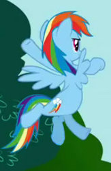 Size: 188x289 | Tagged: safe, screencap, rainbow dash, pegasus, pony, g4, animation error, extra legs, female, flying, great moments in animation, hoof that looks like a penis, literal fifth leg, mare, multicolored hair, not a penis, oops, rainbow hair, sky, solo, spread wings, that's a penis, tree, wings
