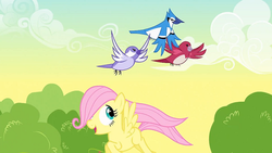 Size: 500x281 | Tagged: safe, fluttershy, bird, blue jay, g4, filly, mordeshy