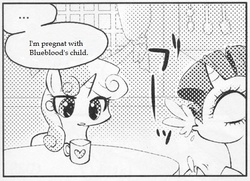 Size: 546x395 | Tagged: safe, prince blueblood, rarity, sweetie belle, pony, unicorn, g4, ..., comic, dialogue, exploitable meme, female, implied, implied pregnancy, many many pony, meme, misspelling, monochrome, mug, pregnant, spit take