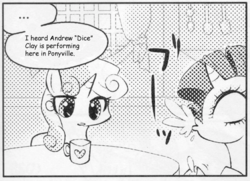 Size: 546x395 | Tagged: safe, rarity, sweetie belle, pony, unicorn, g4, ..., andrew dice clay, exploitable meme, female, many many pony, meme, monochrome, mug, spit take