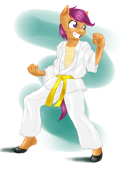 Size: 1007x1368 | Tagged: safe, artist:cybermananon, scootaloo, anthro, g4, clothes, female, gi, karate, martial arts, pants, robe, solo, yellow belt