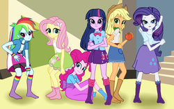 Size: 1425x893 | Tagged: safe, artist:asdf314159265, applejack, fluttershy, pinkie pie, rainbow dash, rarity, twilight sparkle, alicorn, equestria girls, g4, apple, clothes, humane five, humane six, jojo pose, jojo's bizarre adventure, missing shoes, pose, socks, twilight sparkle (alicorn)