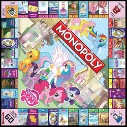 Size: 600x599 | Tagged: safe, applejack, fluttershy, pinkie pie, princess celestia, rainbow dash, rarity, spike, twilight sparkle, g4, official, board game, merchandise, monopoly, my little pony logo, stock vector