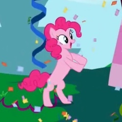 Size: 348x348 | Tagged: safe, screencap, pinkie pie, earth pony, pony, g4, season 1, the ticket master, bipedal, confetti, cropped, female, great moments in animation, horses doing horse things, mare, pinkie's gala fantasy song, rearing, solo, wat