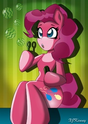 Size: 550x774 | Tagged: safe, artist:xjkenny, pinkie pie, earth pony, pony, semi-anthro, g4, arm hooves, bubble, female, sitting, solo