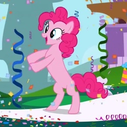 Size: 538x539 | Tagged: safe, screencap, pinkie pie, earth pony, pony, g4, season 1, the ticket master, bipedal, female, great moments in animation, long pony, mare, open mouth, pinkie's gala fantasy song, smear frame, smiling, solo, wat