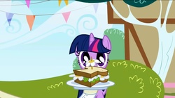 Size: 1136x640 | Tagged: safe, screencap, twilight sparkle, pony, unicorn, g4, season 1, the ticket master, cafe, clover cafe, daffodil and daisy sandwich, dilated pupils, eyes on the prize, female, food, herbivore, mare, sandwich, solo focus, unicorn twilight, waiter, wat