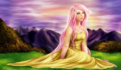 Size: 2025x1173 | Tagged: safe, artist:sanctinel, fluttershy, butterfly, human, g4, beautiful, clothes, dress, female, humanized, paint tool sai, solo