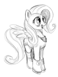 Size: 832x1088 | Tagged: safe, artist:gela-g-i-s-gela, fluttershy, pegasus, pony, g4, blushing, boots, female, full body, jewelry, mare, monochrome, necklace, shoes, simple background, sketch, solo, spread wings, standing, white background, wings