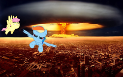 Size: 1600x1000 | Tagged: safe, fluttershy, rainbow dash, g4, bomb, explosion, mushroom cloud, nuclear weapon