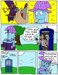 Size: 1280x1670 | Tagged: safe, artist:americananomaly, derpy hooves, doctor whooves, time turner, trixie, earth pony, anthro, g4, alicorn amulet, anthroquestria, breasts, busty trixie, comic, denied, doctor who, female, nope, tardis, yoink