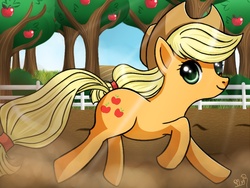 Size: 1024x768 | Tagged: safe, artist:princesssilverglow, applejack, g4, crepuscular rays, female, fence, running, solo, tree