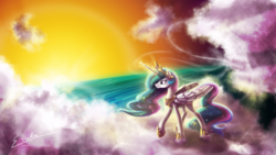 Size: 2000x1125 | Tagged: safe, artist:esuka, princess celestia, g4, cloud, female, solo