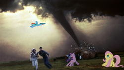 Size: 1920x1080 | Tagged: safe, fluttershy, rainbow dash, twilight sparkle, g4, michael crichton, tornado, twister (movie), weather