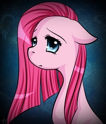 Size: 880x1024 | Tagged: safe, artist:princesssilverglow, pinkie pie, earth pony, pony, g4, bust, female, floppy ears, mare, pinkamena diane pie, portrait, sad, solo, three quarter view