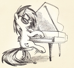 Size: 1624x1501 | Tagged: safe, artist:mcstalins, dj pon-3, vinyl scratch, g4, female, monochrome, musical instrument, piano, solo, traditional art