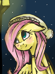 Size: 1500x2000 | Tagged: safe, artist:marisalle, fluttershy, g4, blushing, female, hat, snow, snowfall, solo