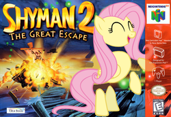 Size: 1000x687 | Tagged: safe, artist:nickyv917, fluttershy, pegasus, pony, g4, e rating, esrb, female, mare, nintendo, nintendo 64, parody, rayman, video game, video game console