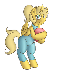 Size: 900x1100 | Tagged: safe, artist:pitchpatch, oc, oc only, oc:ticket, alicorn, pony, alicorn oc, beach ball, bipedal, clothes, open-back swimsuit, simple background, solo, swimsuit, wetsuit