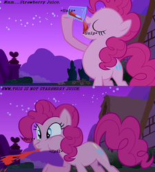 Size: 625x693 | Tagged: safe, edit, edited screencap, screencap, pinkie pie, earth pony, pony, g4, magical mystery cure, blood, comic, cup, disgusted, drinking, female, glass, mare, not cannibal, spit take, spitting