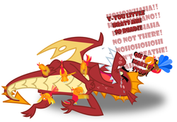 Size: 1320x908 | Tagged: safe, artist:changeling #209458, garble, dragon, phoenix, g4, crying, garblebuse, phoenix chick, simple background, teenaged dragon, teenager, tickle torture, tickling, tummy buzz, white background