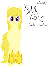 Size: 2116x2968 | Tagged: safe, artist:rainboomrunner, pony, ember celica, monty oum, ponified, rooster teeth, rwby, solo, text, yang xiao long, yellow