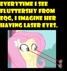 Size: 737x787 | Tagged: safe, edit, edited screencap, screencap, fluttershy, equestria girls, g4, my little pony equestria girls, eye beams, female, lasershy, solo, yellow words