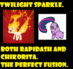 Size: 737x702 | Tagged: safe, twilight sparkle, chikorita, rapidash, g4, pokémon, rapidash twilight, yellow words