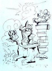 Size: 1456x1976 | Tagged: safe, artist:maddie-the-cattie, owlowiscious, spike, twilight sparkle, g4, book, monochrome